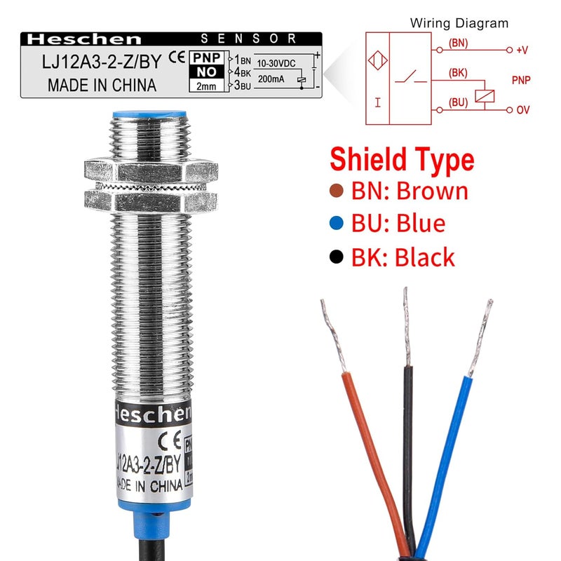 Heschen M12 Inductive Proximity Sensor Switch, Shield Type, LJ12A3-2-Z/BY, Detector 2mm, 10-30VDC 200mA, PNP Normally Open(NO), 3 Wire (2) - Image 3
